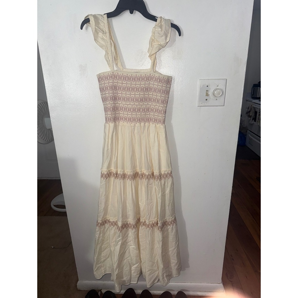Madewell Smocked Ruffle Strap Embroidered Tiered Midi Dress Ivory XS
